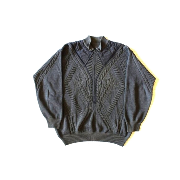 VTG Wool & leather Men Cable Knit Grey Sweater Size L Coogi Style Italy Pull on - Picture 1 of 12
